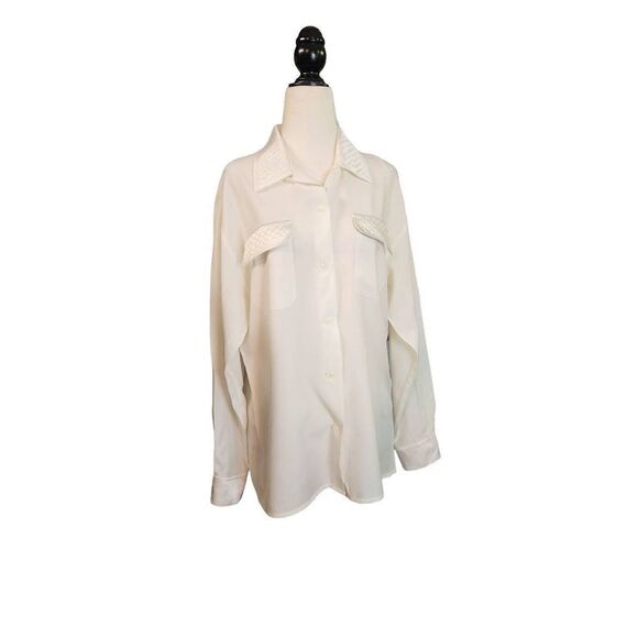 White Rayon Button Front Silky Cuffed 80s 90s Vintage Sexy - Picture 1 of 6